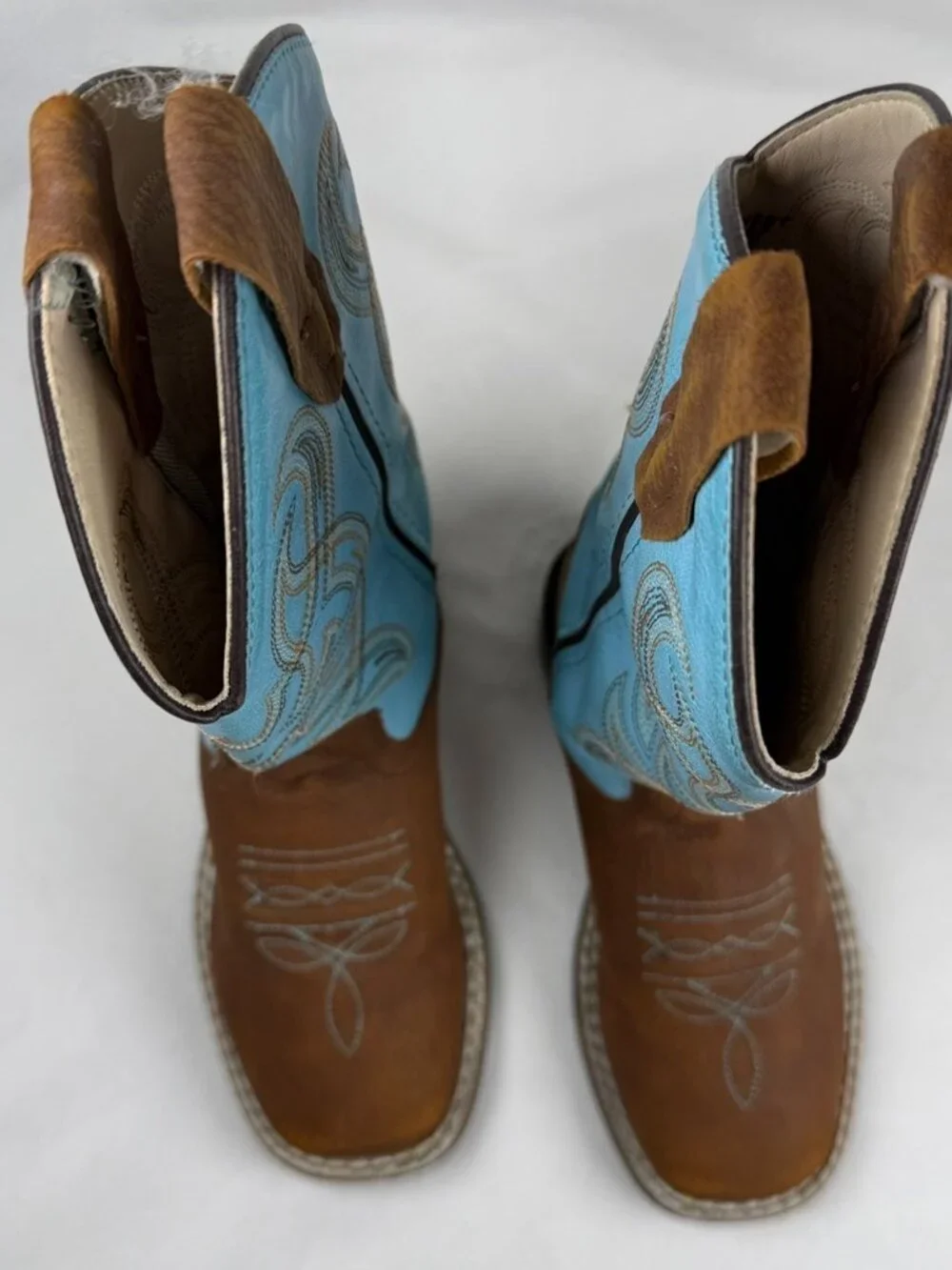 Old West Kids Cowboy Boots Size 10.5 D Brown Turquoise Square Toe Western VB9167